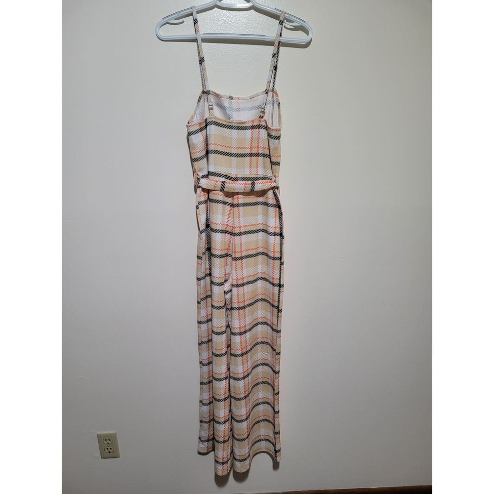 Jolie & Joy Plaid Jumpsuit Women Medium Tan Wide Leg Excellent‎